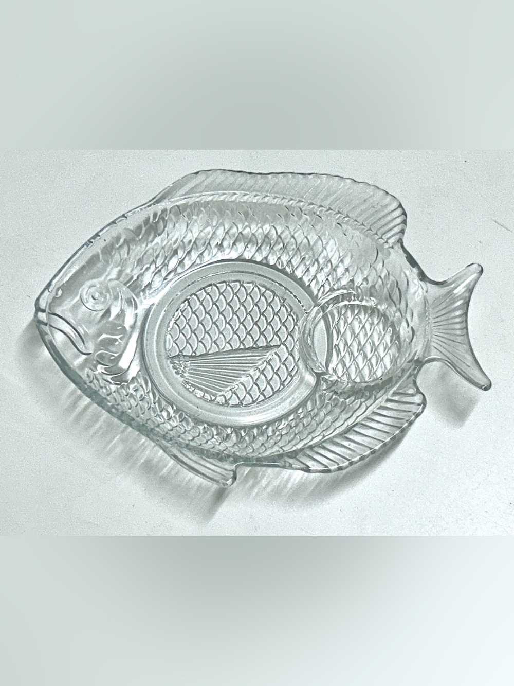 Mid Century Vintage Arcoroc France Clear Glass Figural Fish Shaped Plate